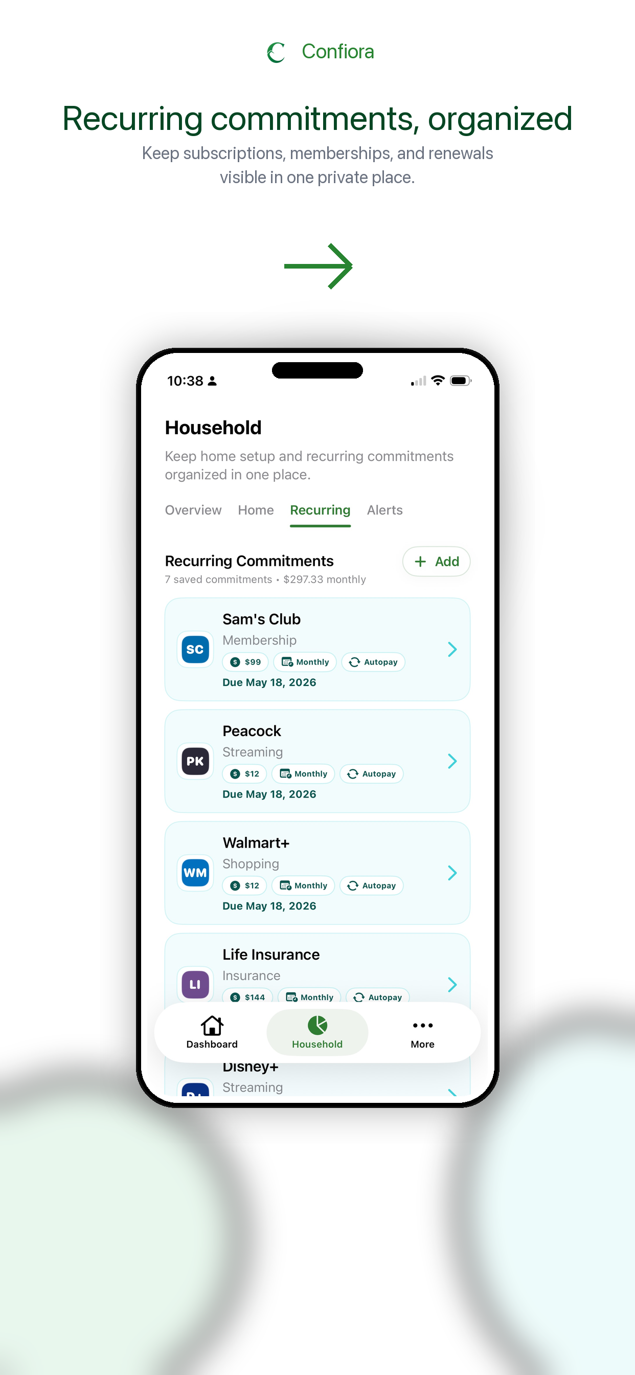 Recurring commitments app screenshot